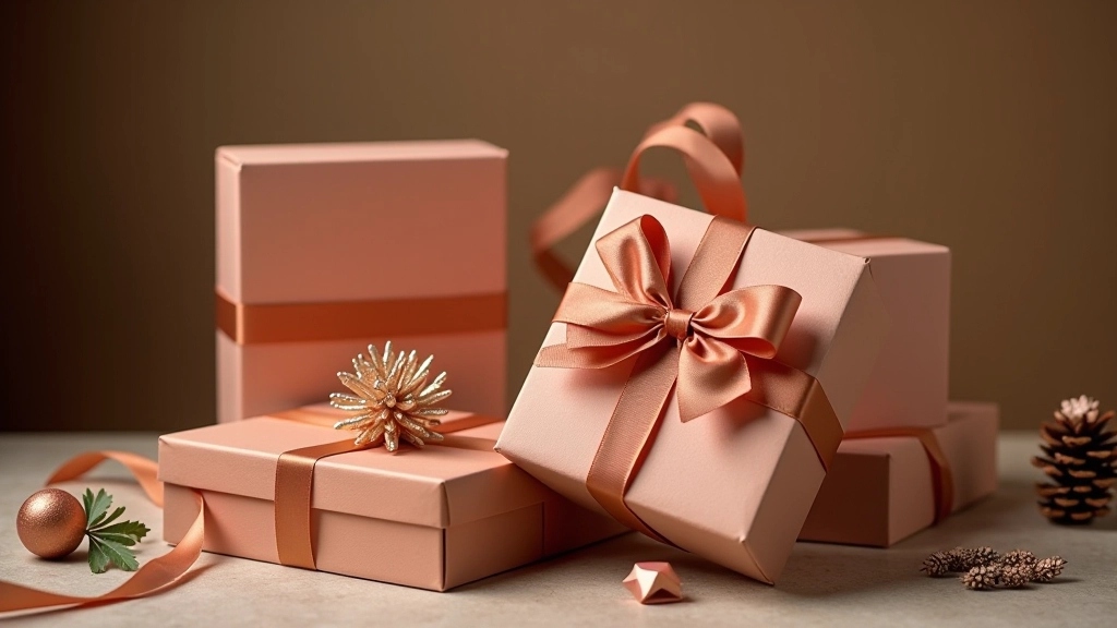 Corporate gift box presentation showing branded box, custom ribbon, and product items arranged on elegant background with professional styling