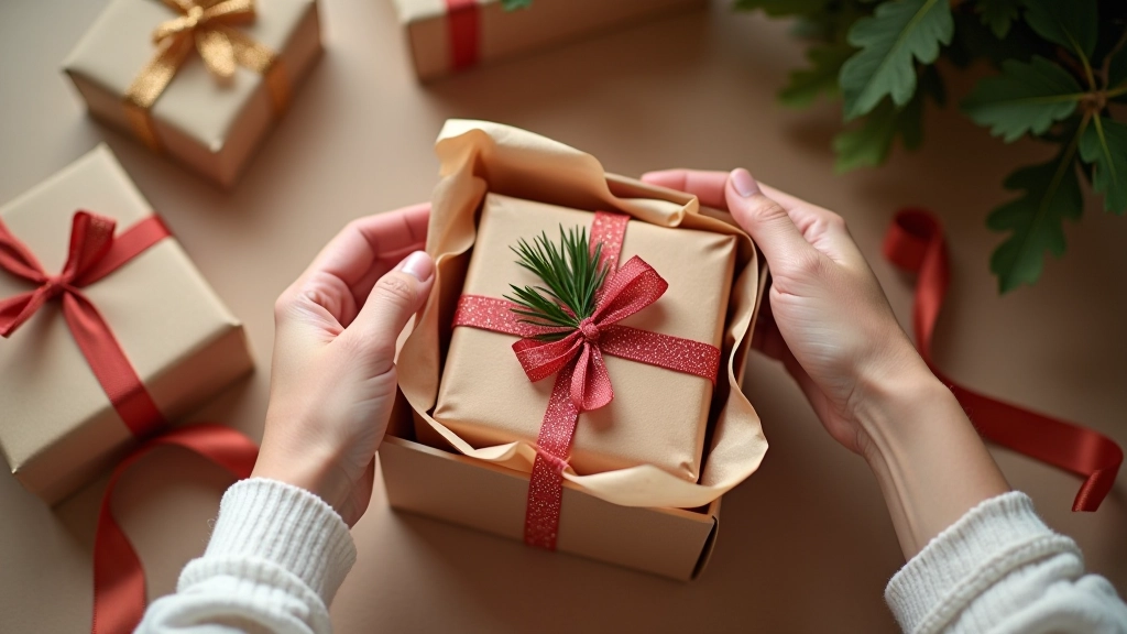 Hands carefully arranging premium items inside custom gift box with branded tissue paper and decorative elements