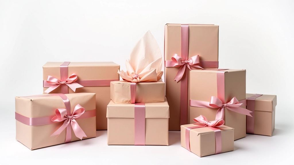Beautifully styled corporate gift box setup with multiple boxes, branded labels, ribbons, and luxury wrapping paper arranged in professional display