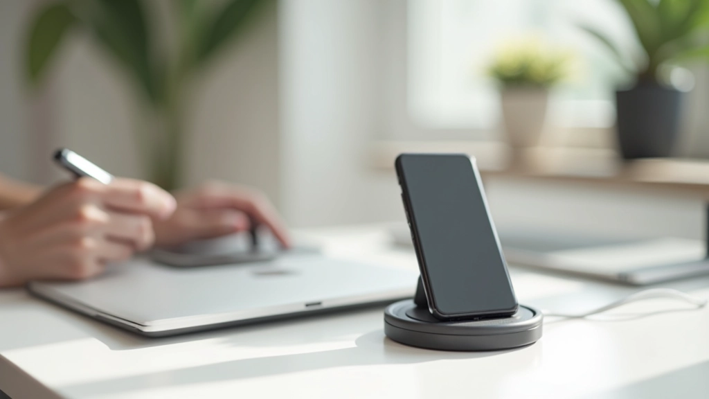 Modern desk setup with charging station, cable organizer, and wireless charger neatly arranged